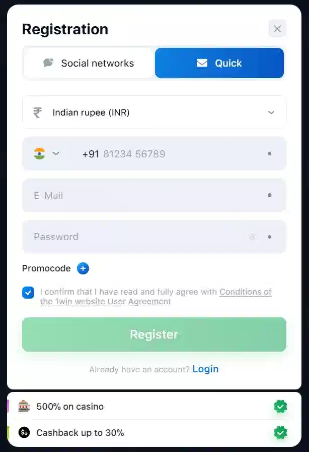 1win registration in India